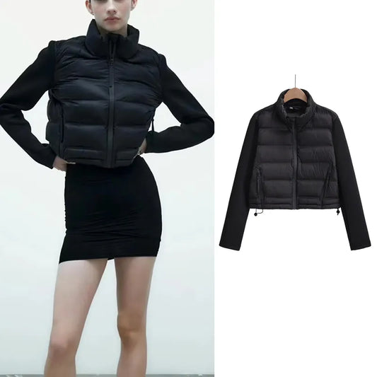 TRAF ZR Winter Jackets for Women 2023 Black Spliced Long Sleeve Winter Women's Cold Coat Luxury Parkas Female New In Outerwear