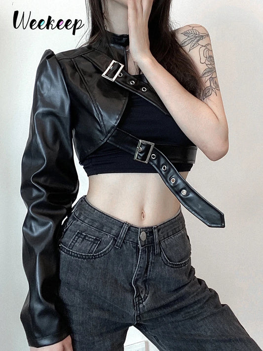 Weekeep giacca in pelle PU nera gotica donna una spalla Halter fibbia abiti Hip Hop moda Streetwear giacche ritagliate solido
